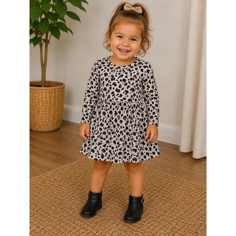 Cat & Jack Baby Girls 18M‎ Tan Black Leopard Print Ribbed Long Sleeve Dress